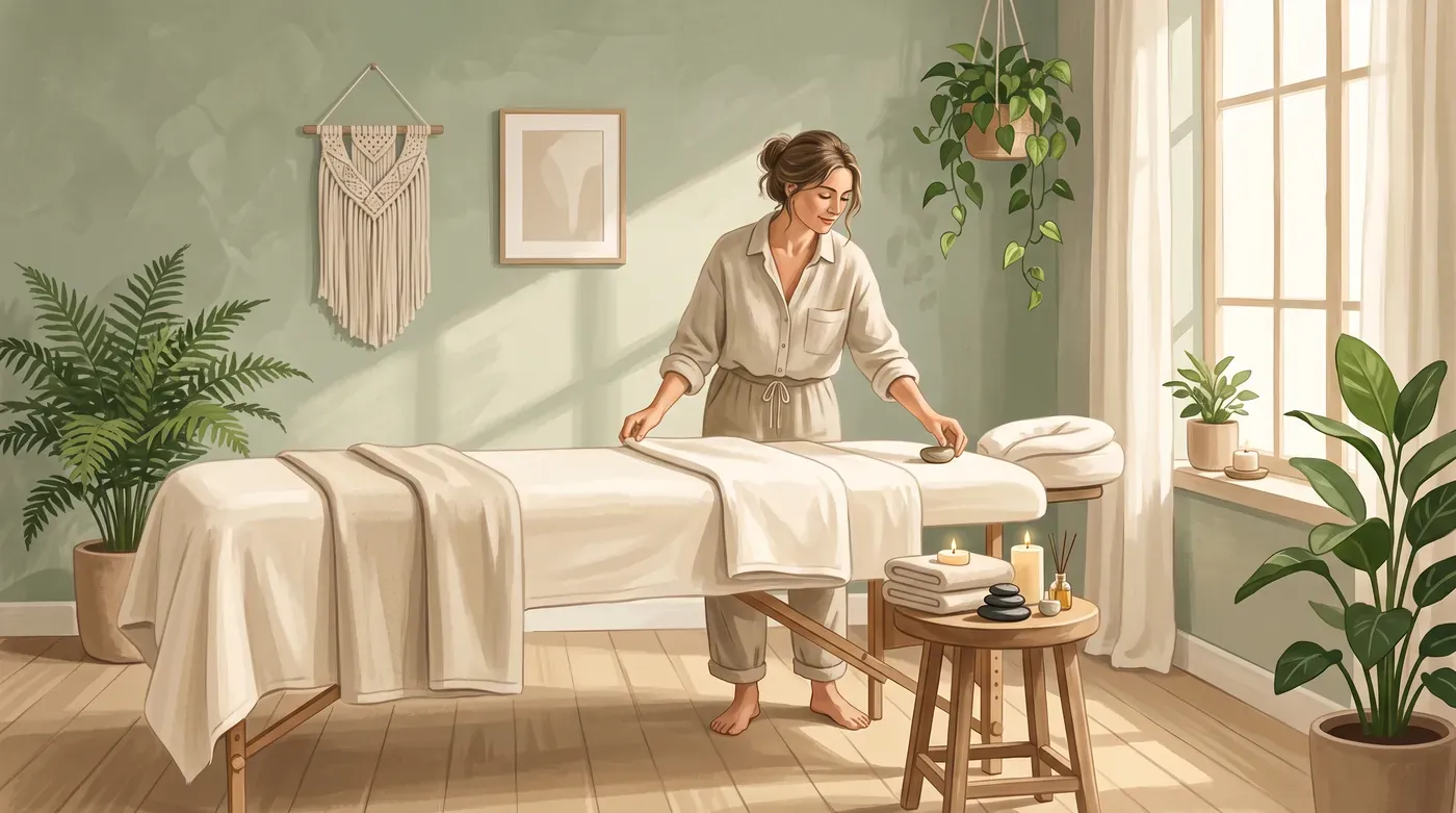 Ilustración de una terapeuta preparando la camilla con toallas, piedras y velas en un espacio sereno