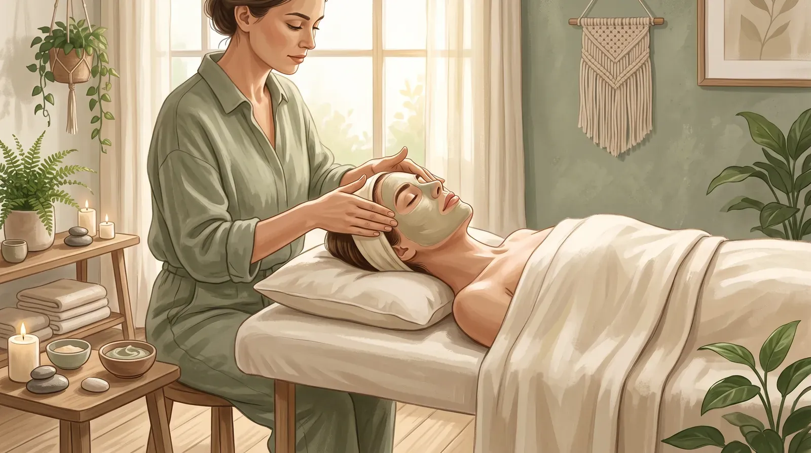 Mujer con una mascarilla de arcilla verde recibiendo un facial de limpieza profunda mientras la terapeuta masajea su rostro