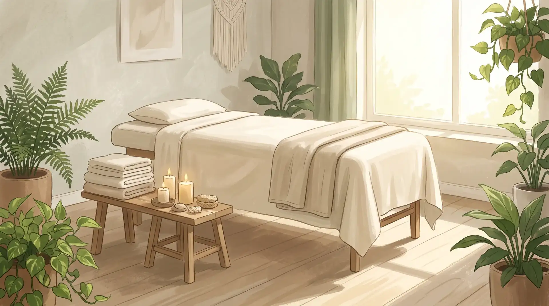 Ilustración de una cabina de masaje luminosa con camilla, toallas, velas y plantas