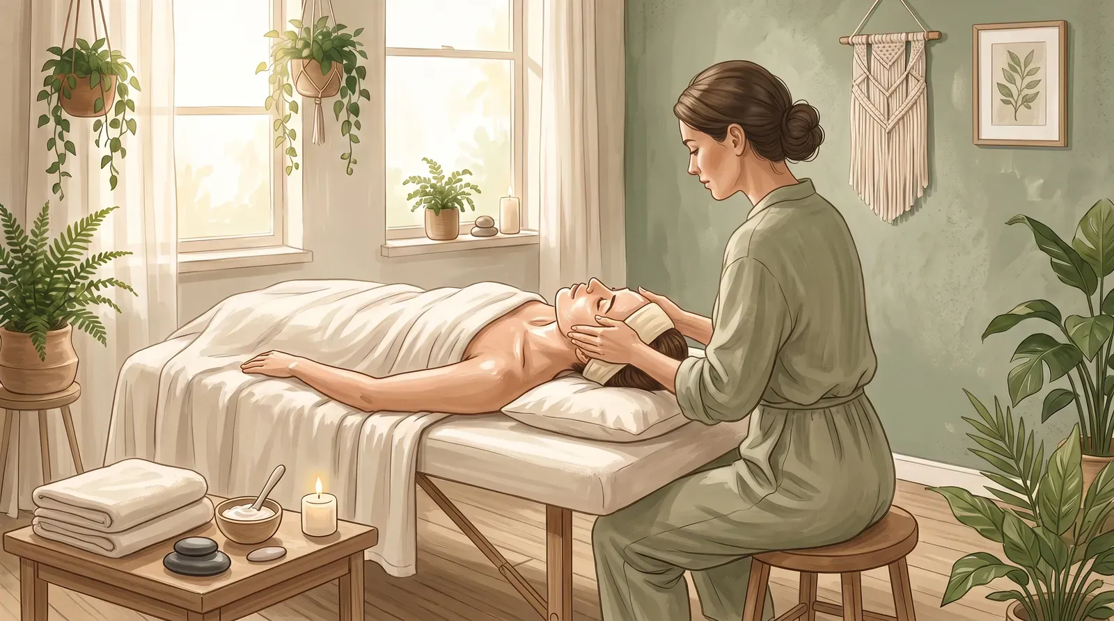 Terapeuta dando un masaje facial hidratante a una persona con diadema, de piel luminosa y ojos cerrados