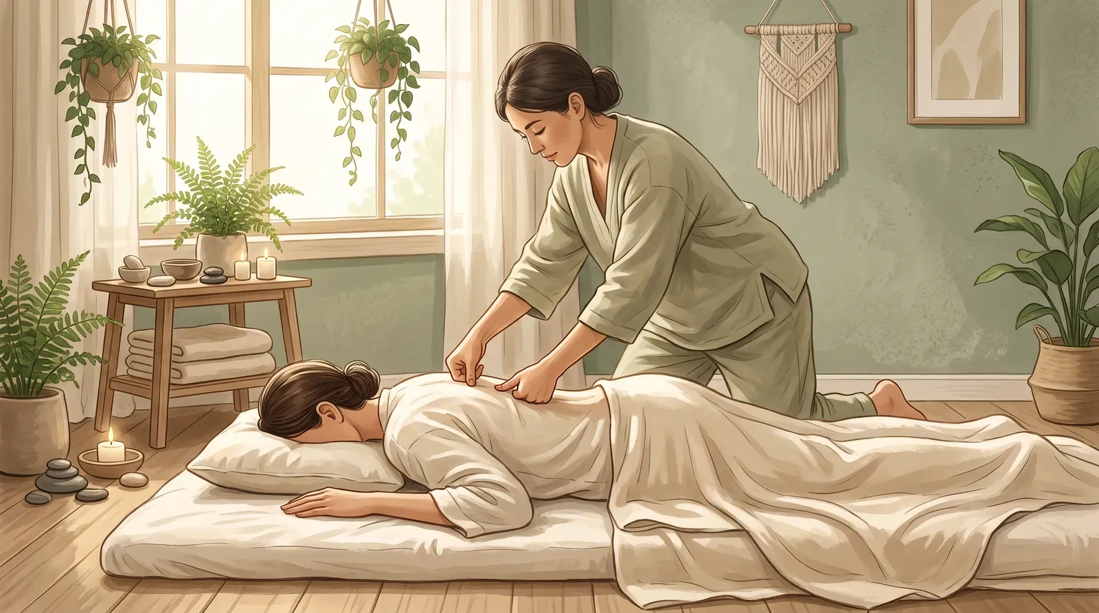 Terapeuta aplicando presión con los dedos en la espalda de una persona acostada sobre un colchón en el suelo, en un masaje shiatsu